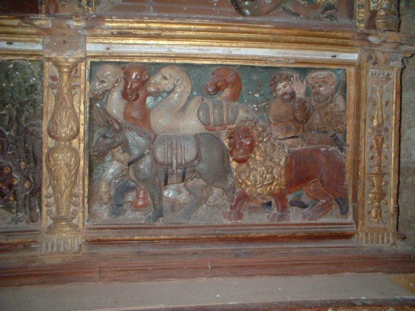 The lion is put to work alongside the donkeys and camels