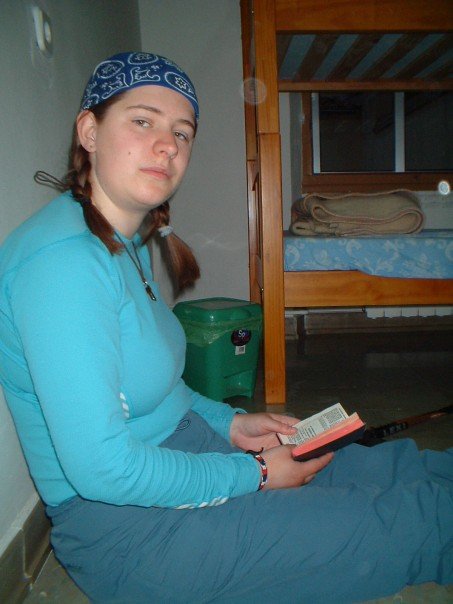 Anne reads Morning Prayer (the 1922 BCP was the smallest I could find) in the albergue at Astorga