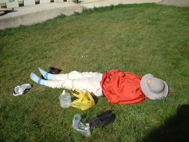 Sunbathing fully dressed