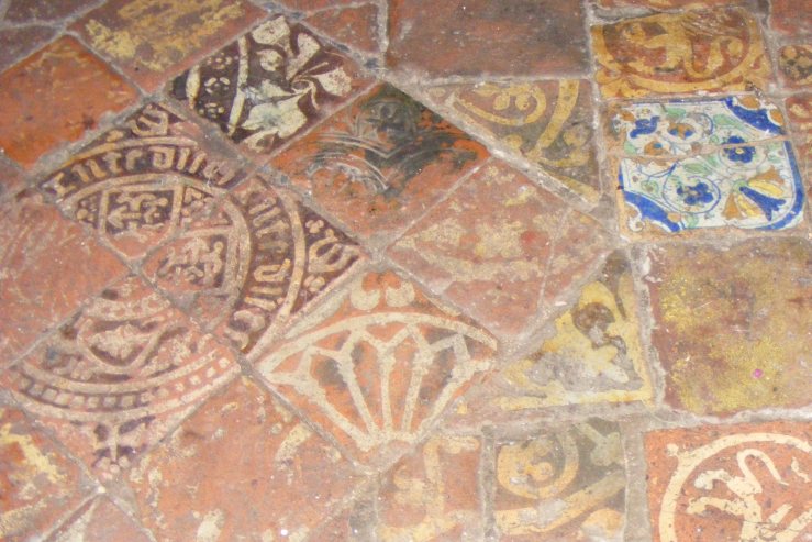 Floor tiles at the disused church of St Mary the Virgin, Preston Candover