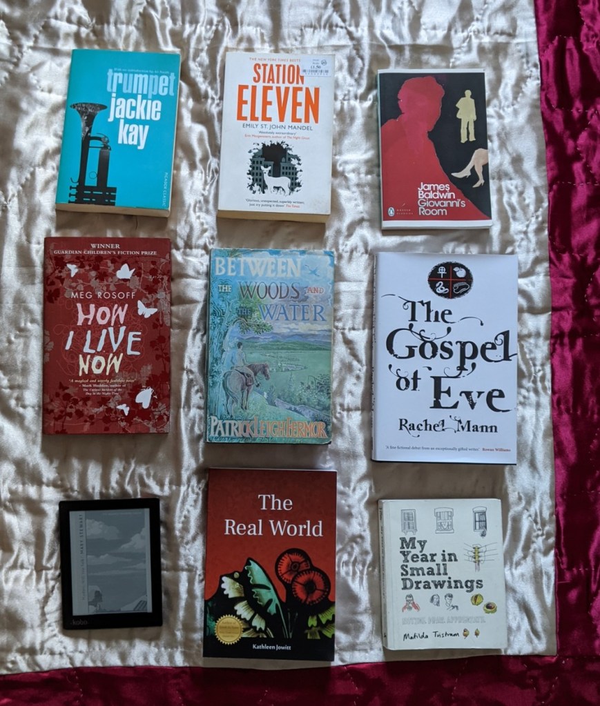 Trumpet - Jackie Kay
Station Eleven - Emily St John Mandel
Giovanni's Room - James Baldwin
How I Live Now - Meg Rosoff
Between The Woods And The Water - Patrick Leigh Fermor
The Gospel Of Eve - Rachel Mann i Madam, Will You Talk? - Mary Stewart
The Real World - Kathleen Jowitt
My Year In Small Drawings - Matilda Tristram