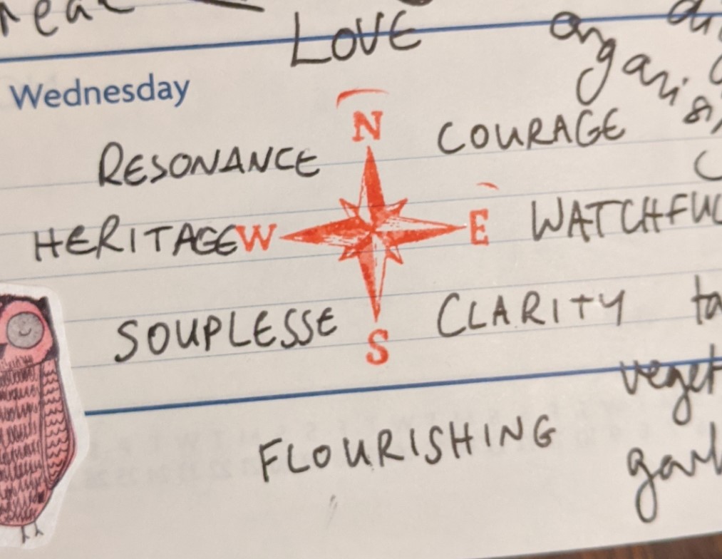 a compass rose stamped in red ink with the words
LOVE
COURAGE
WATCHFULNESS
CLARITY
SOUPLESSE
HERITAGE
RESONANCE
handwritten around it, with LOVE at North and then proceeding in a clockwise direction, in black ink