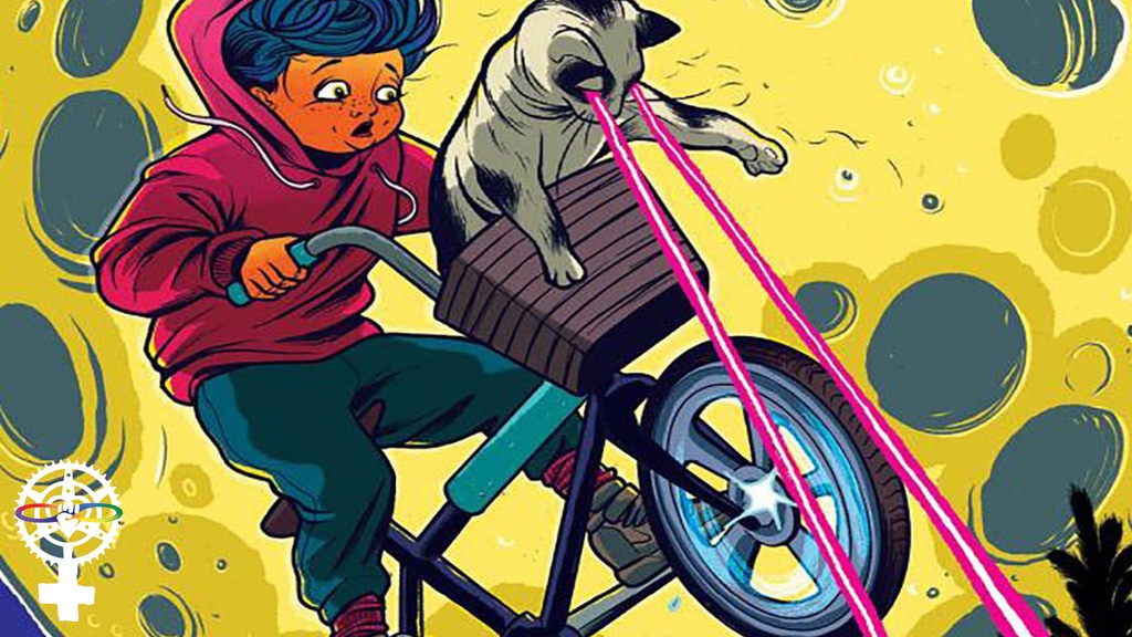 A kid on a BMX bike flies across the moon with a cat in the basket shooting lasers out of their eyes