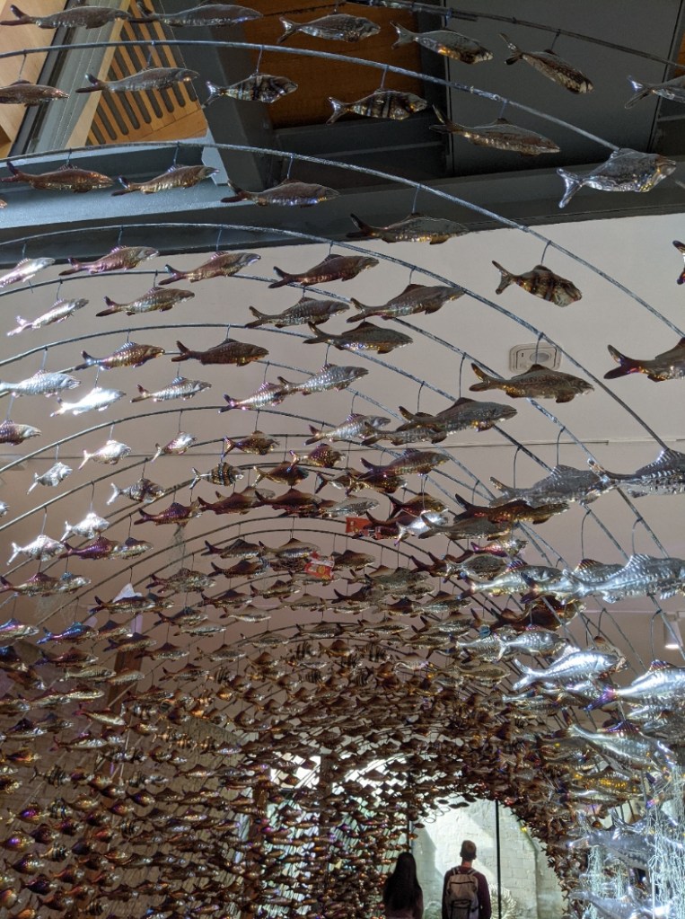 Large sculpture made of arches of wire with thousands of metal fish hanging from them