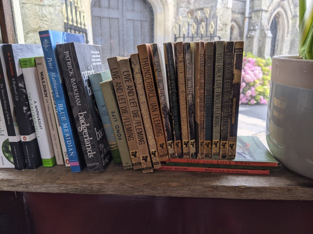 Shelf of books, many of them Pan paperback copies of the James Bond series. A church is visible through the window behind.