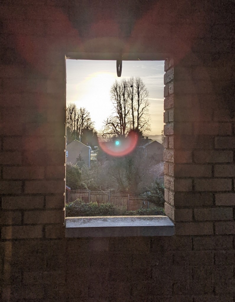 Morning sun and bare trees seen through a glassless window
