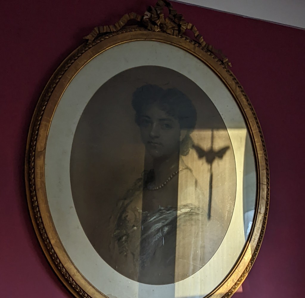 A portrait in an oval gilt frame of a young woman in nineteenth century evening dress. Sunlight is falling across the picture, casting a shadow of a winged circle with a long tail 