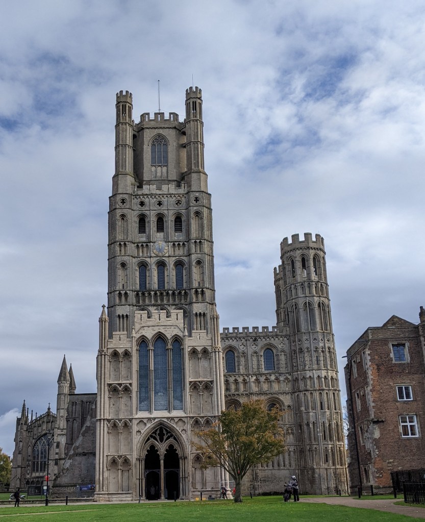 The west front of Ely cathedral, with light new stone on the porch 