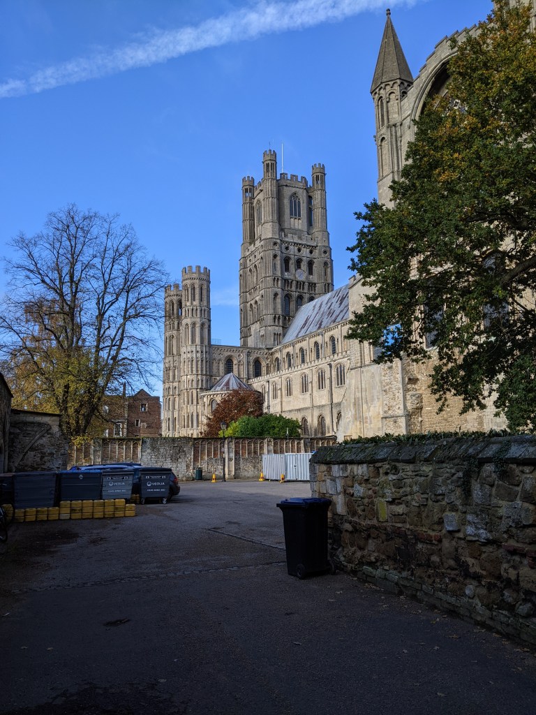 Gothic towers and pinnacles rise behind a wall, in front of which four wheelie bins are lined up across a car park