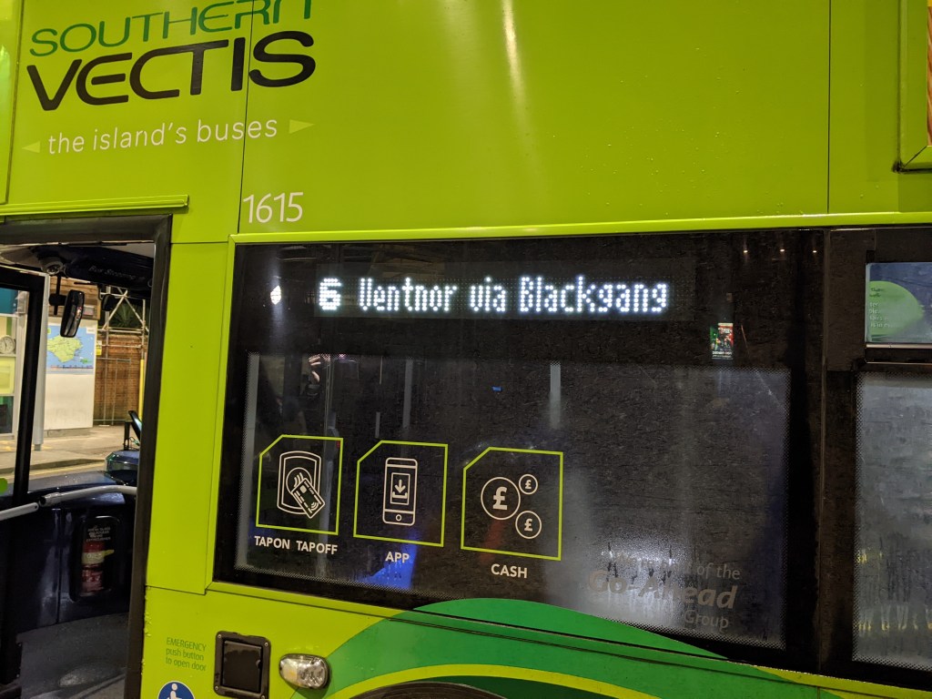 The side of a Southern Vectis no. 6 bus to Ventnor via Blackgang 