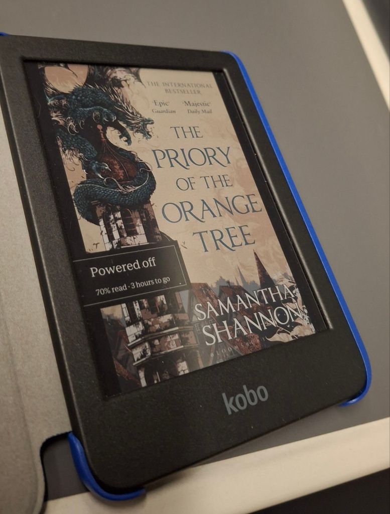 Kobo ebook reader showing the cover of The Priory of the Orange Tree (Samantha Shannon) at 70% read
