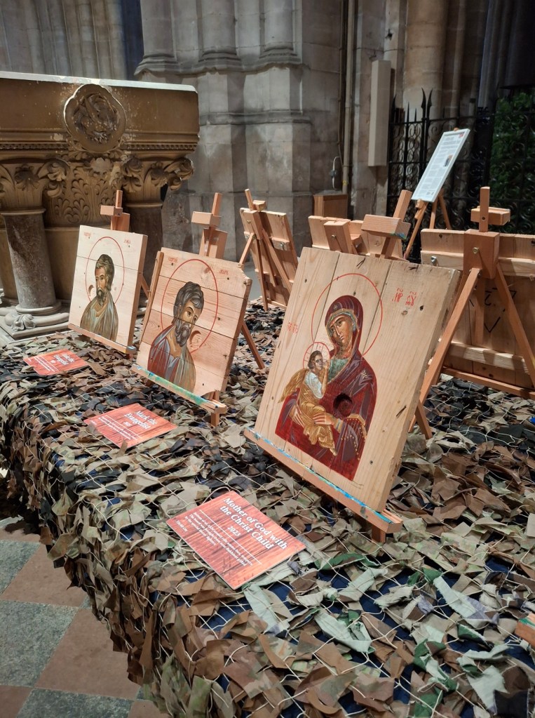 Icons of Luke the Evangelist, Mark the Evangelist, and the Mother of God with the Christ Child painted on untreated wooden boards