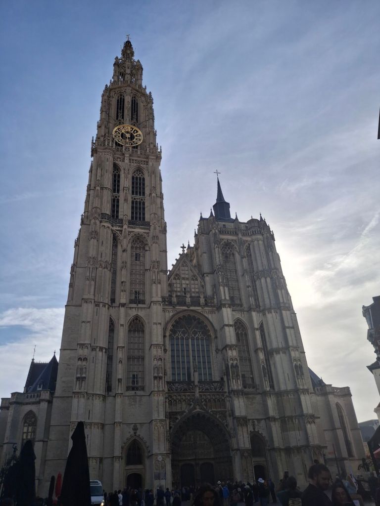The façade of a cathedral with asymmetric towers: the one on the left is much taller
