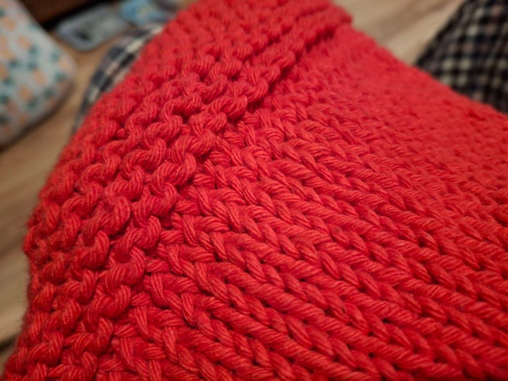 A square of knitting in red yarn. The far edge is in garter stitch (bumpy) and most of the rest of it is in flat, regular stocking stitch. At the very edge of the garter stitch are a couple of rows of stocking stitch where the stitches are twisted